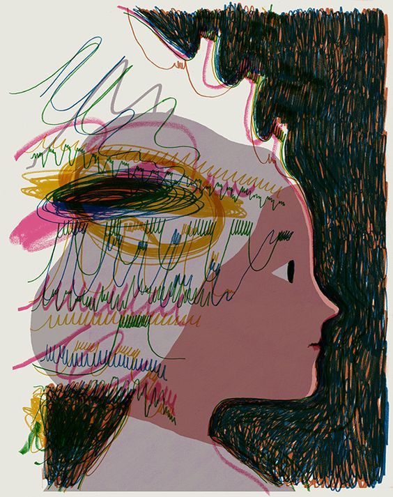 抽象塗鴉線條插畫,描繪紛亂交織的思緒,象徵自動化思考與認知扭曲
