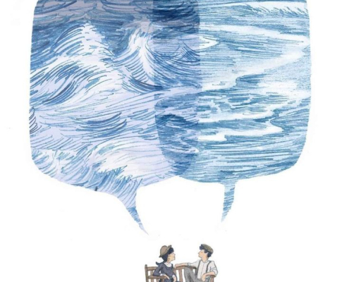 兩人坐在長椅上對話，頭頂重疊的波浪對話框意象相互安静地說與聽