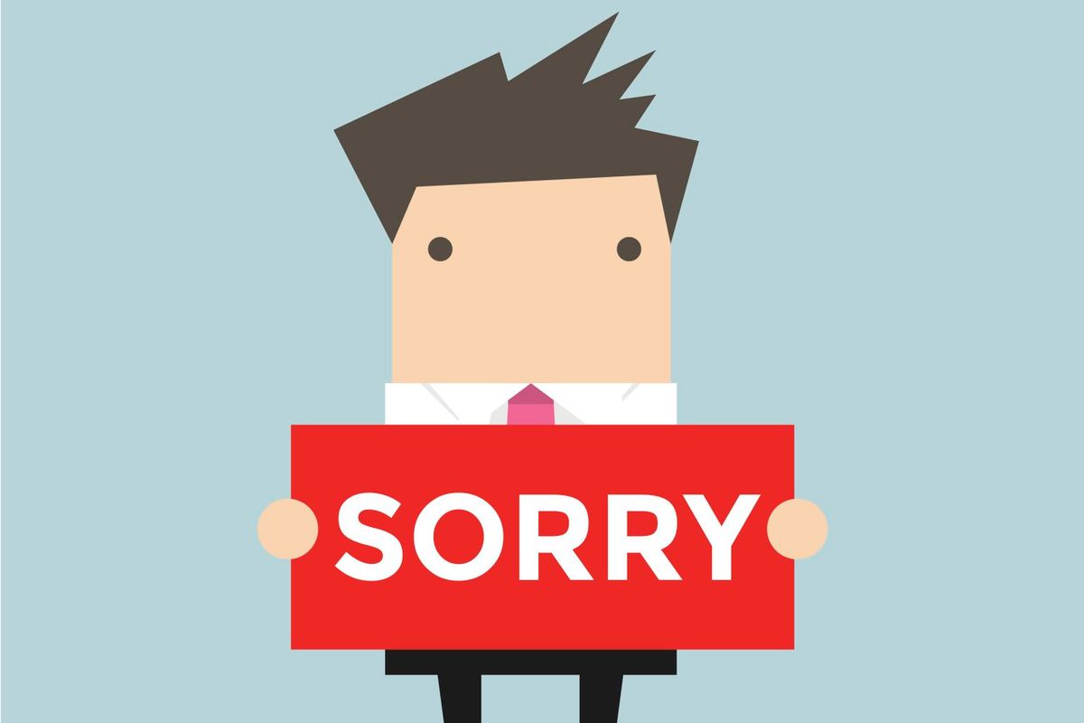 卡通插畫:男子舉著「SORRY」牌子,象徵開口道歉的掙扎