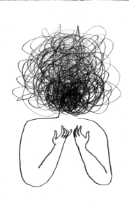 素描插畫：一個人雙手護著頭部，頭頂纏繞著雜亂線條，象徵混亂與自我保護的情緒